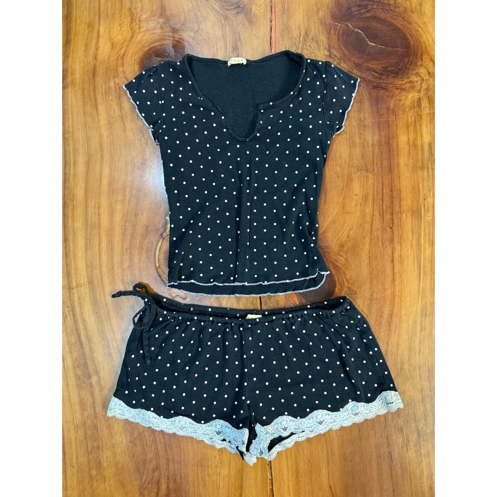 Vintage Y2K Dash Polka Dot Shorts Pajama Cotton Sleep 2 Piece Set Low Rise F4-7
